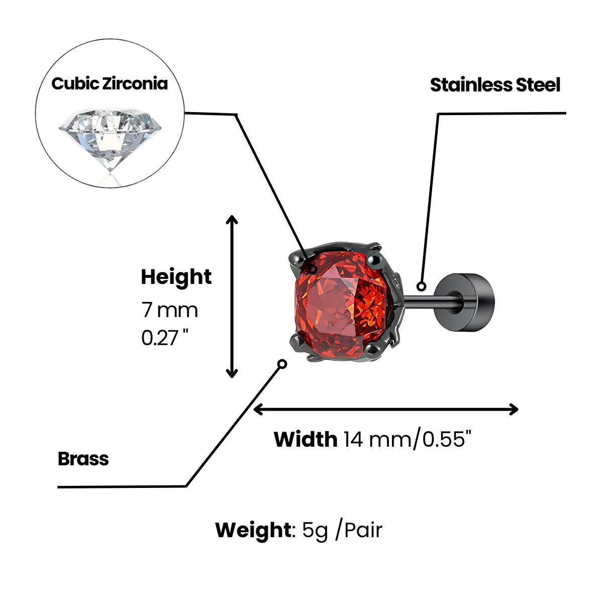 Prong Thorn Round Cut Diamond Stud Earrings Dimensions and Weight