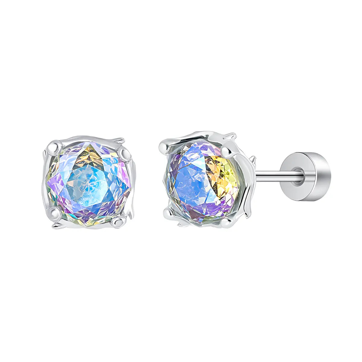 Prong Thorn Round Cut Diamond Stud Earrings Mystic Rainbow