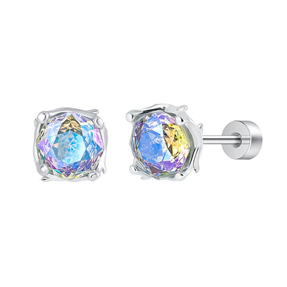 Prong Thorn Round Cut Diamond Stud Earrings Mystic Rainbow