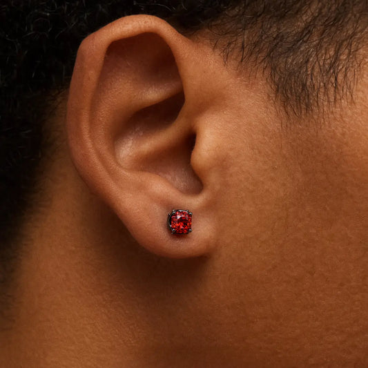 Prong Thorn Round Cut Diamond Stud Earrings Worn by Male Model Close Up
