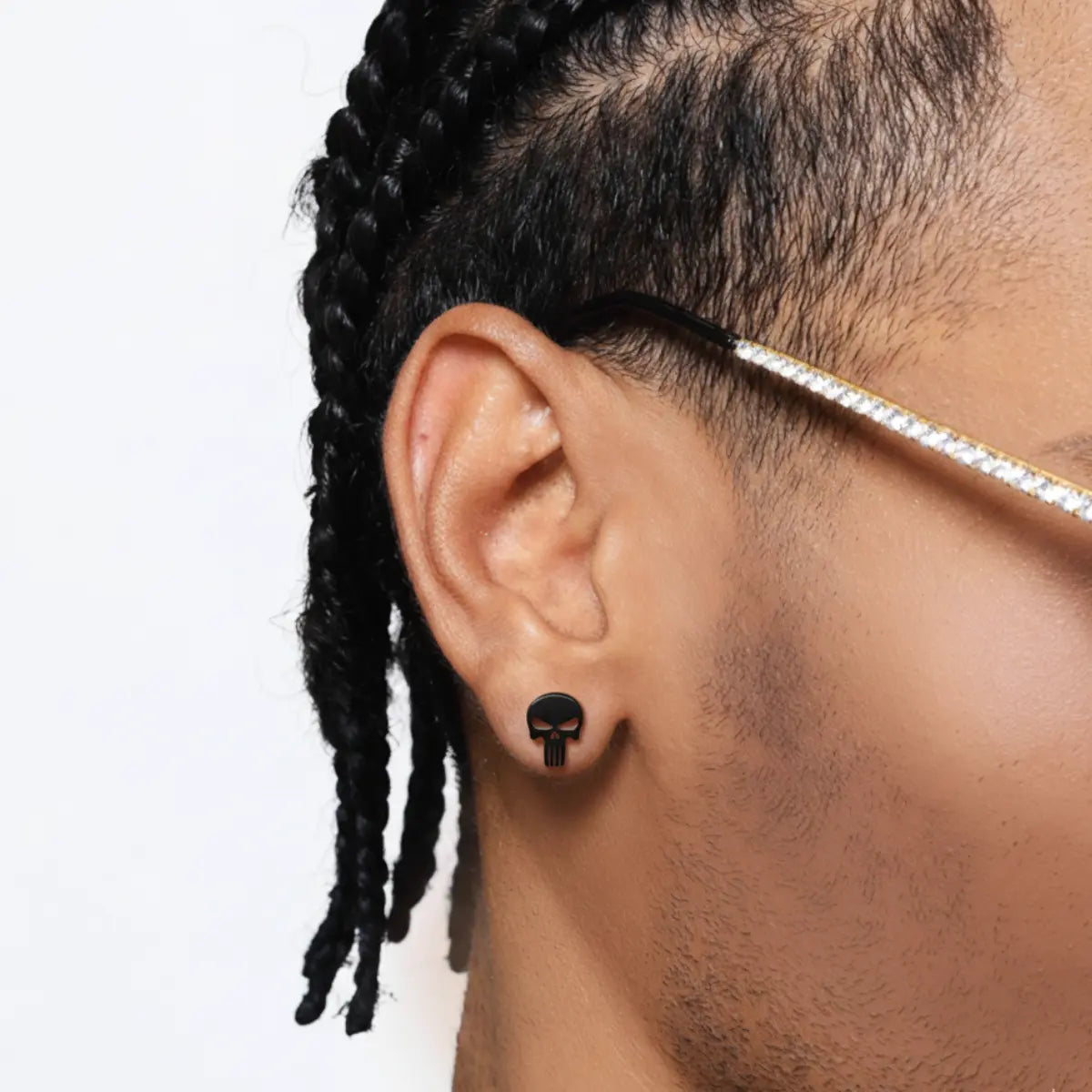 Punisher Stud Earrings Black Worn by Male Model
