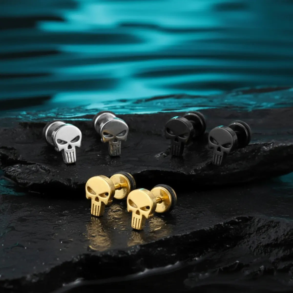 Punisher Stud Earrings Gold Silver and Black