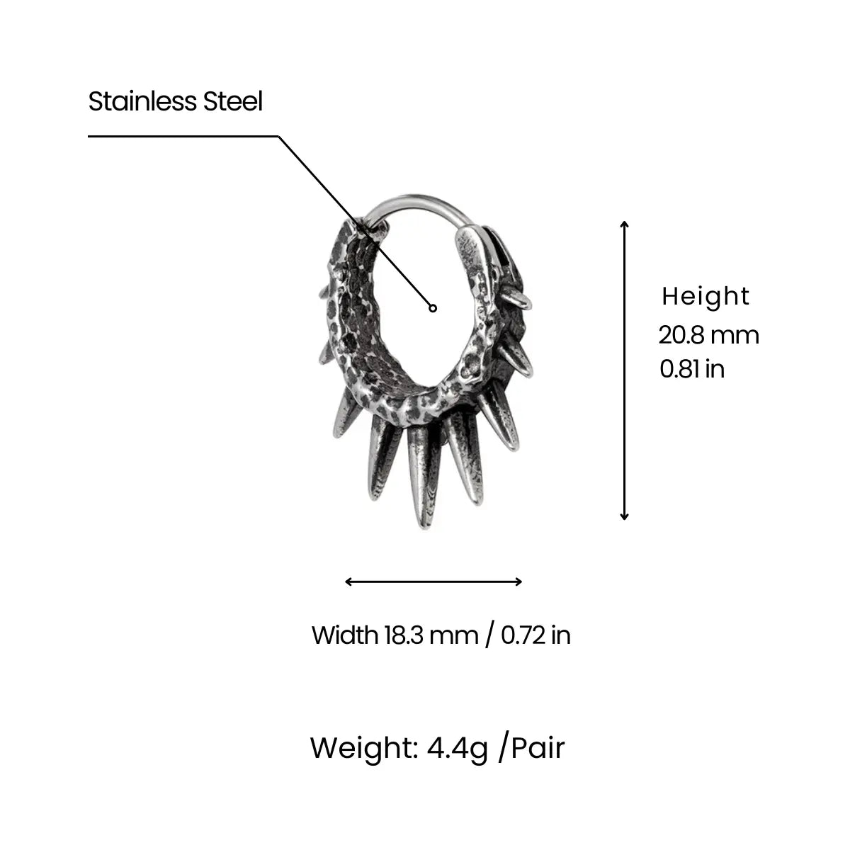 Punk Spike Hoop Earrings Dimensions and Weight