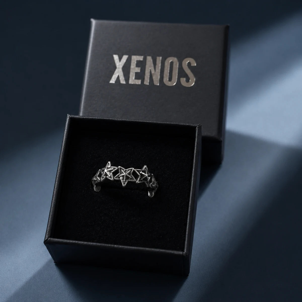 Punk Star Ring Silver Presented in Xenos Jewelry Packaging Box