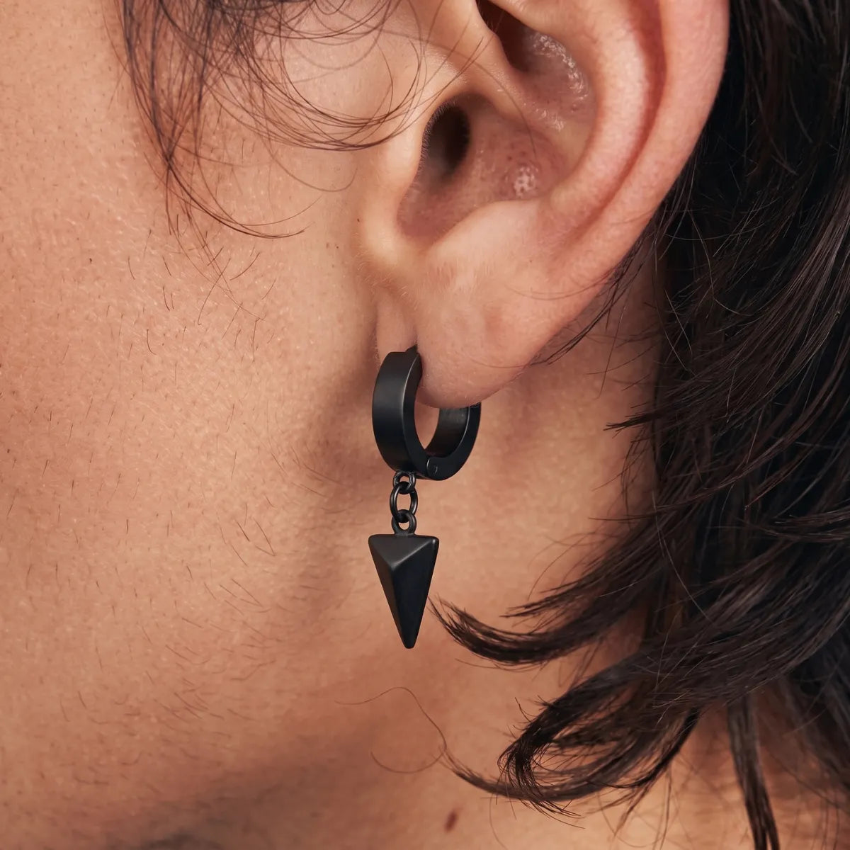 Pyramid Drop Hoop Earrings Black Worn by Male Model