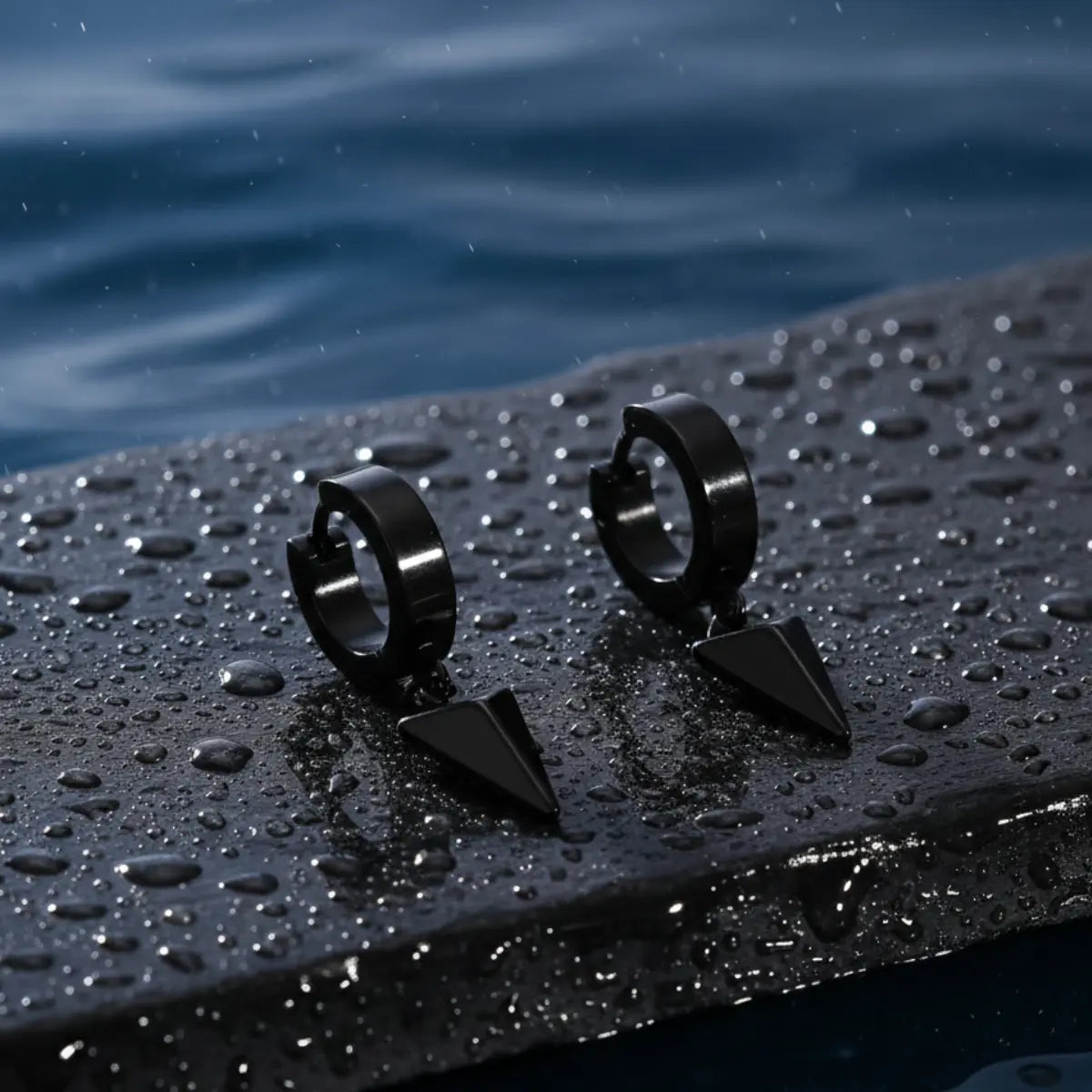 Pyramid Drop Hoop Earrings Black