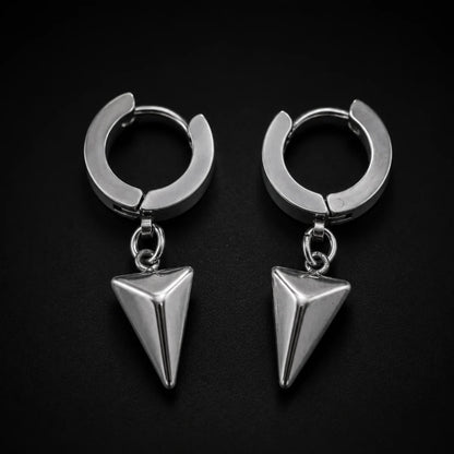 Pyramid Drop Hoop Earrings Close Up Black Background