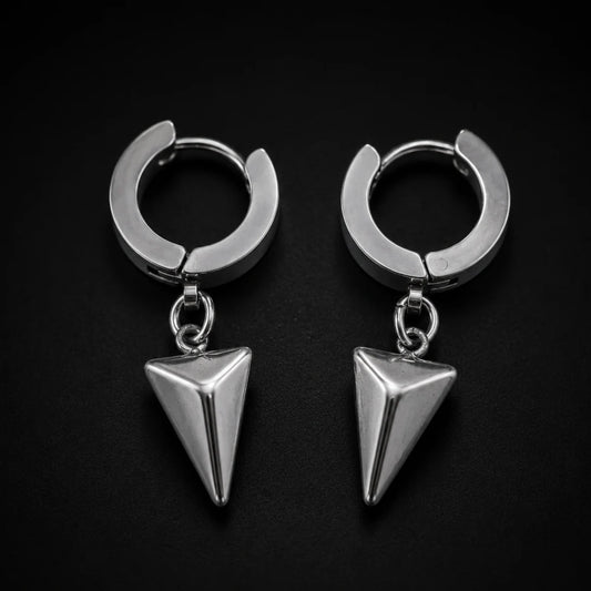 Pyramid Drop Hoop Earrings Close Up Black Background