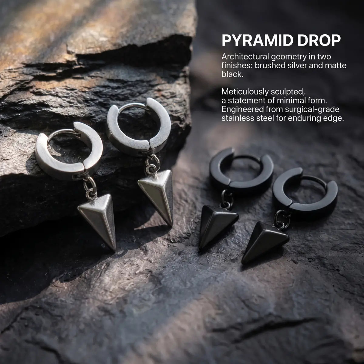 Pyramid Drop Hoop Earrings Silver and Black Collections