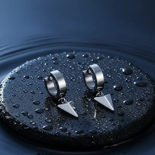 Pyramid Drop Hoop Earrings Silver