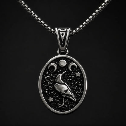 Raven Moon Pendant Necklace Silver Close Up Black Background