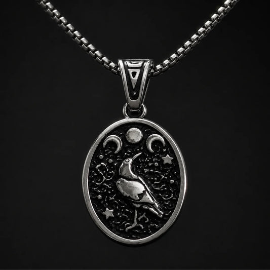 Raven Moon Pendant Necklace Silver Close Up Black Background