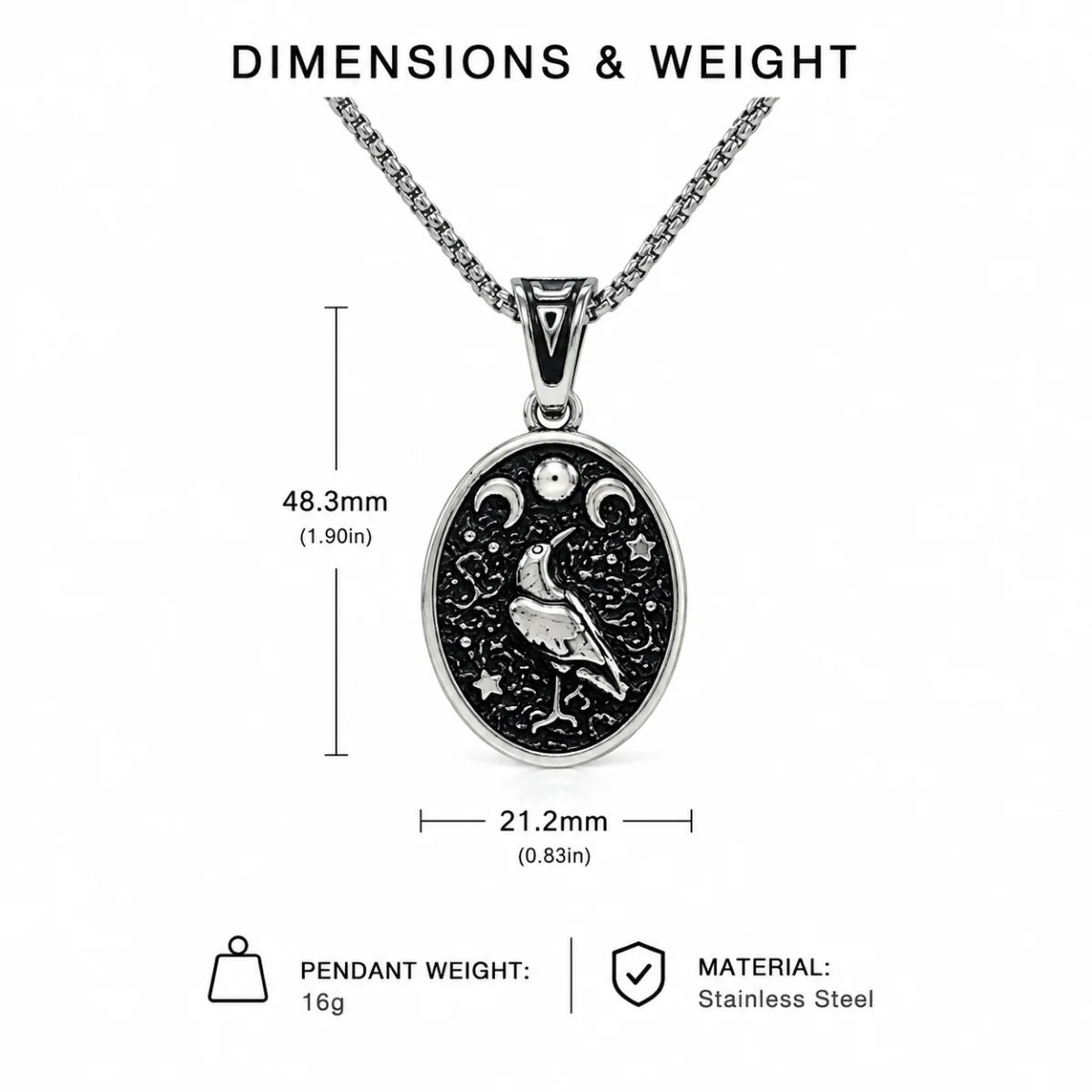 Raven Moon Pendant Necklace Silver Dimension Diagram 54.3mm 2.14inch and 27.5mm 1.08inch