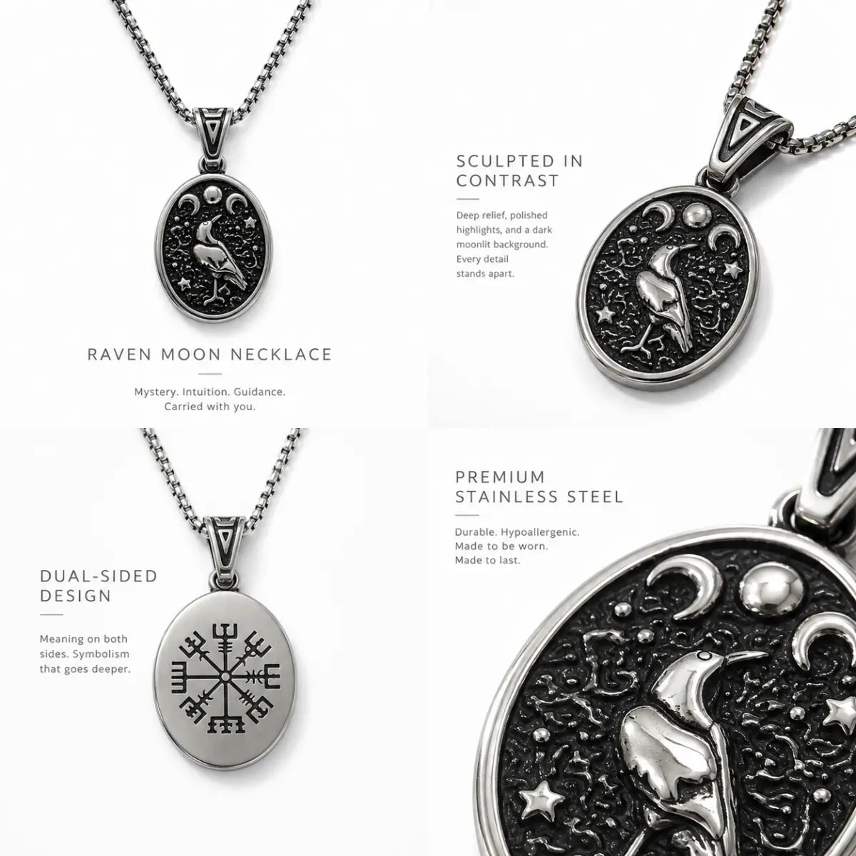 Raven Moon Pendant Necklace Silver Multi Angle Product Feature Showcase