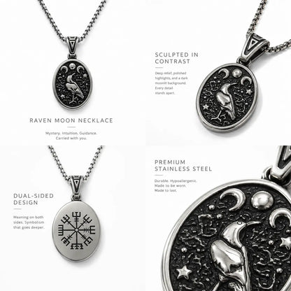 Raven Moon Pendant Necklace Silver Multi Angle Product Feature Showcase