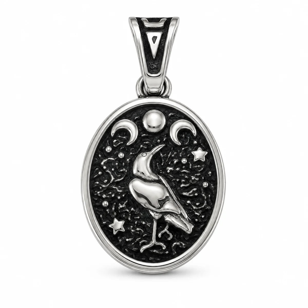 Raven Moon Pendant Necklace Silver Pendant Only Front View White Background