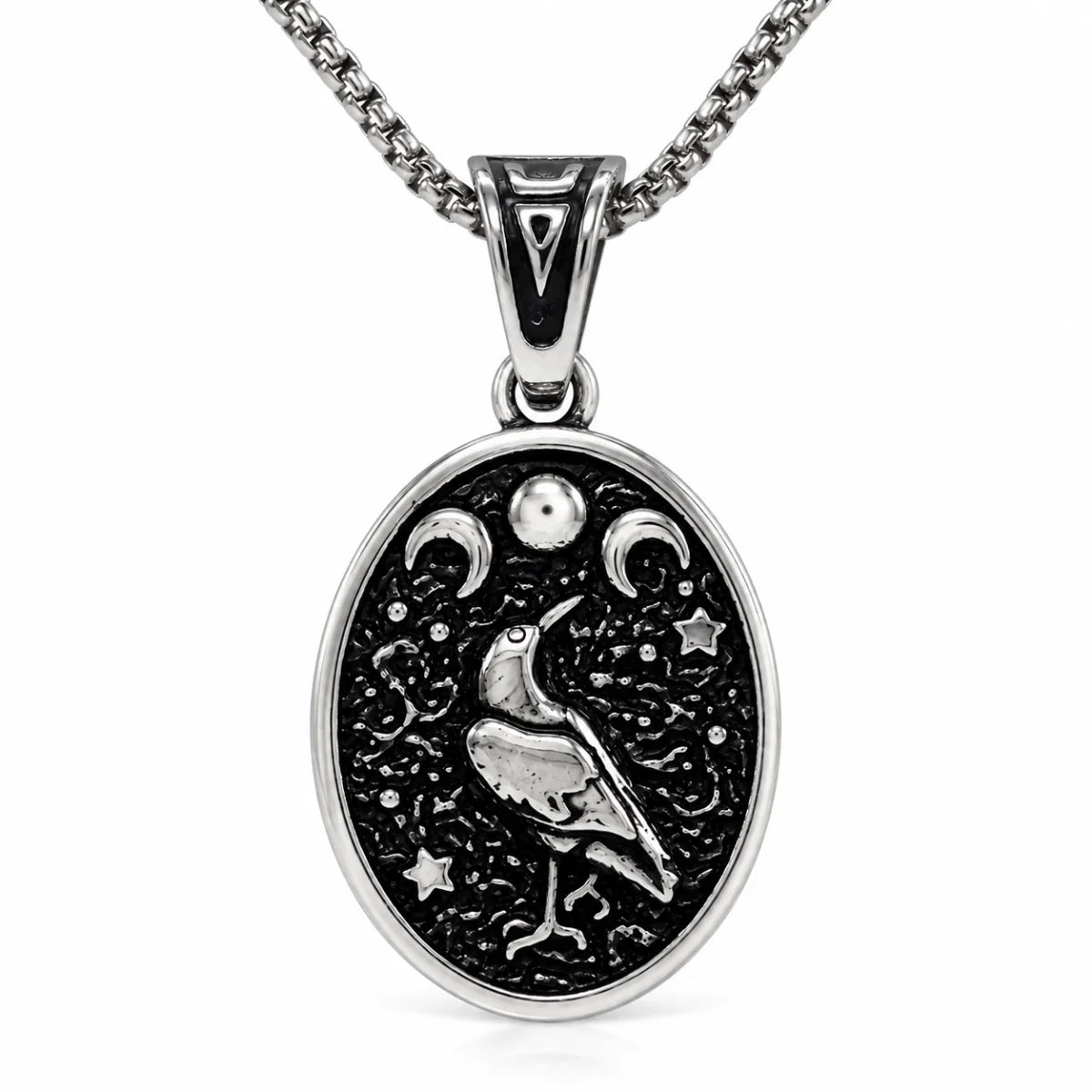 Raven Moon Pendant Necklace Silver Pendant with Chain Front View White Background