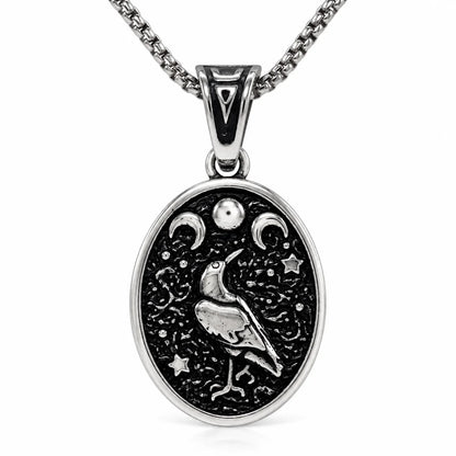 Raven Moon Pendant Necklace Silver Pendant with Chain Front View White Background