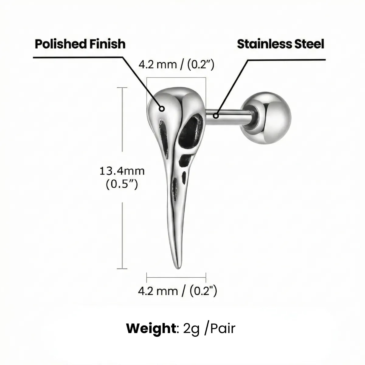 Raven Skull Stud Earrings Dimensions and Weight