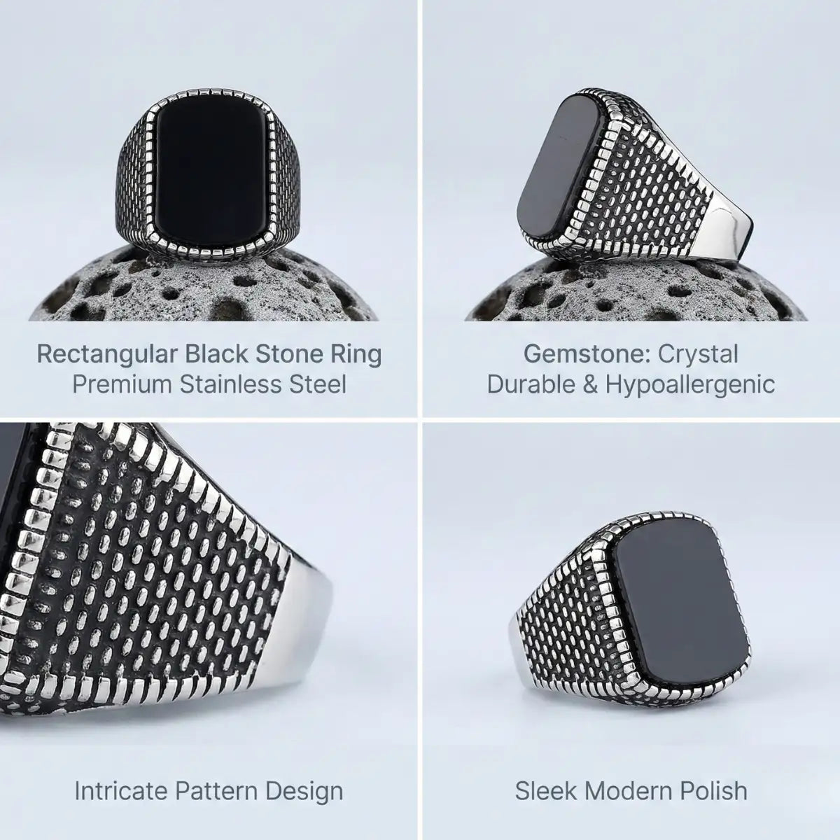 Rectangular Black Stone Ring Features