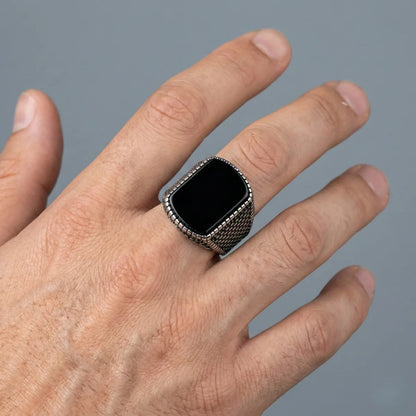 Rectangular Black Stone Ring Worn by Male Model Close Up