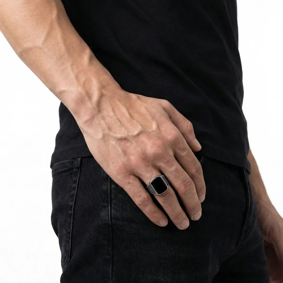 Rectangular Black Stone Ring Worn by Male Model