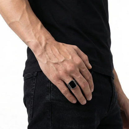 Rectangular Black Stone Ring Worn by Male Model