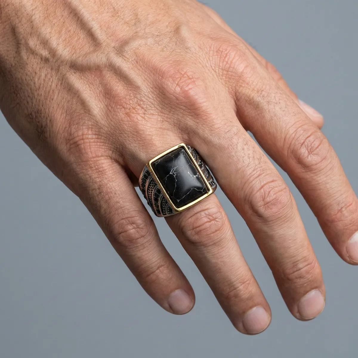 Rectangular Black Turquoise Ring Worn by Male Model Close Up