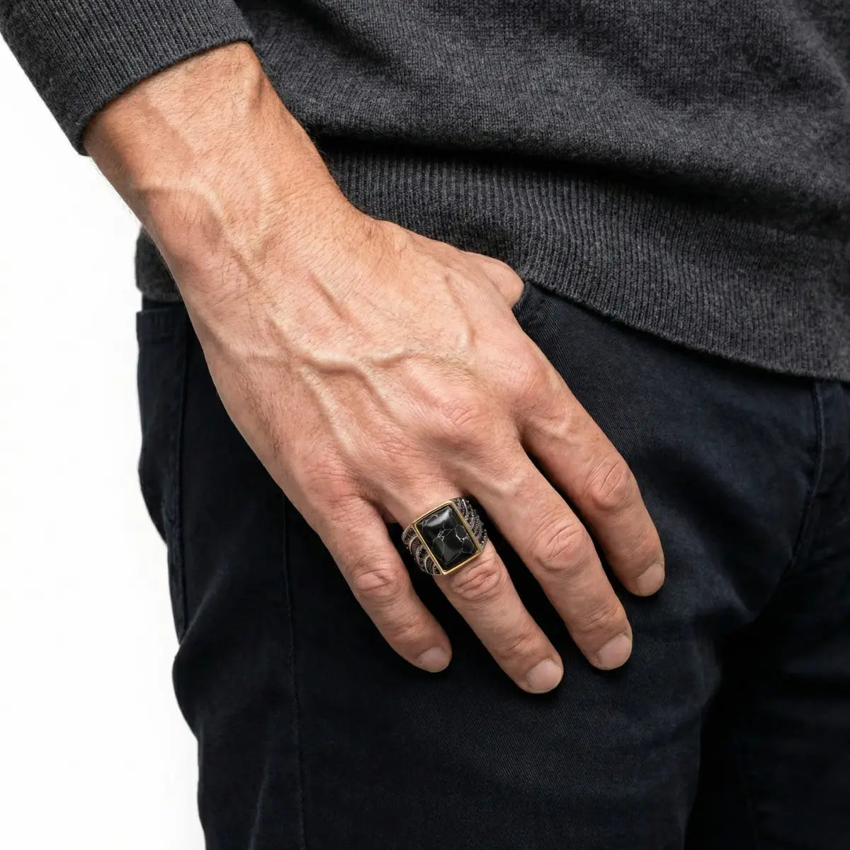 Rectangular Black Turquoise Ring Worn by Male Model