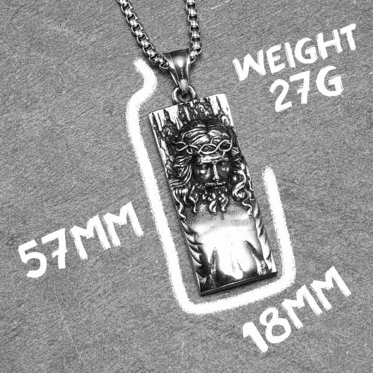 Rectangular Jesus Pendant with Crown of Thorns Pendant with Chain Dimensions and Weight Xenos Jewelry