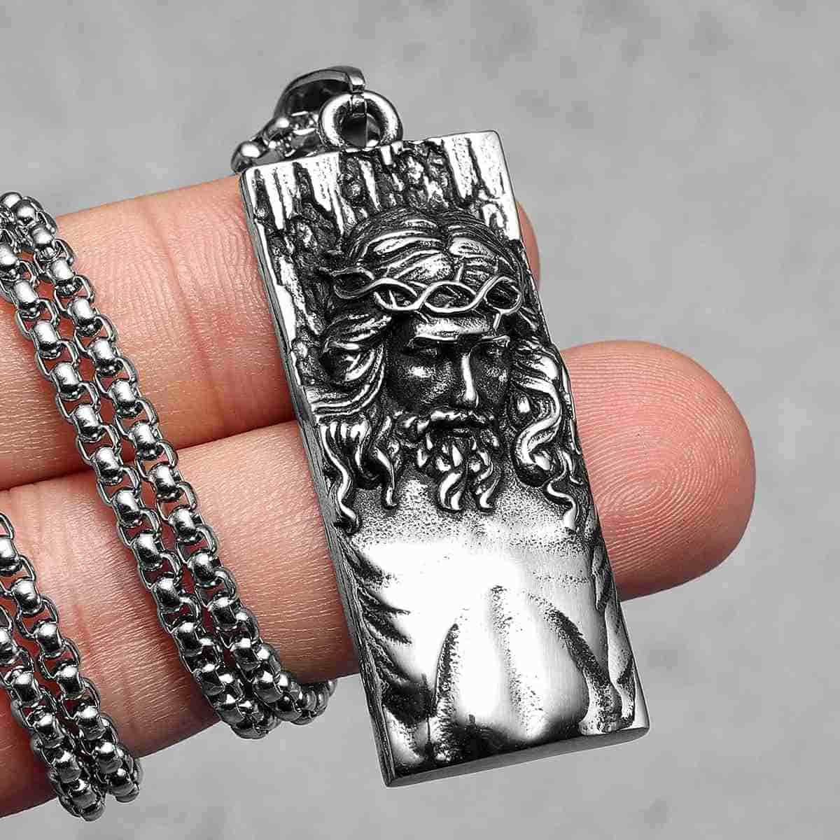 Rectangular Jesus Pendant with Crown of Thorns Pendant with Chain Hand Xenos Jewelry