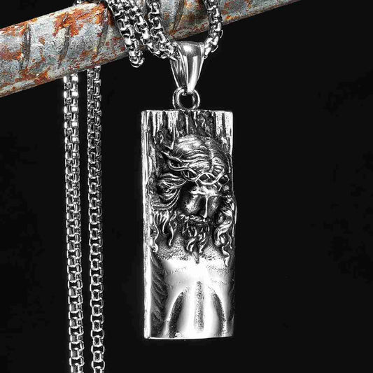 Rectangular Jesus Pendant with Crown of Thorns Pendant with Chain Hanging Xenos Jewelry