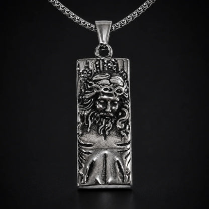 Rectangular Jesus Pendant with Crown of Thorns Silver Close Up Black Background
