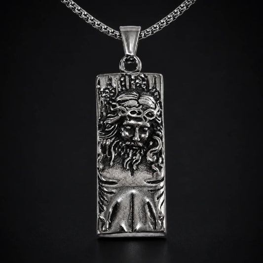 Rectangular Jesus Pendant with Crown of Thorns Silver Close Up Black Background