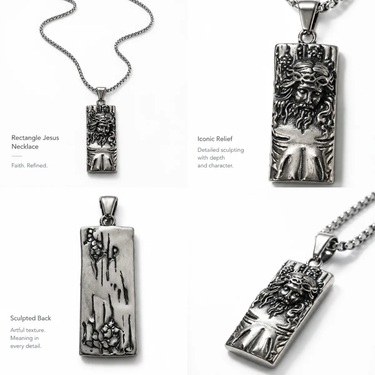 Rectangular Jesus Pendant with Crown of Thorns Silver Details and Engraving Features Infographic