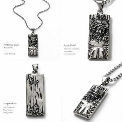 Rectangular Jesus Pendant with Crown of Thorns Silver Details and Engraving Features Infographic