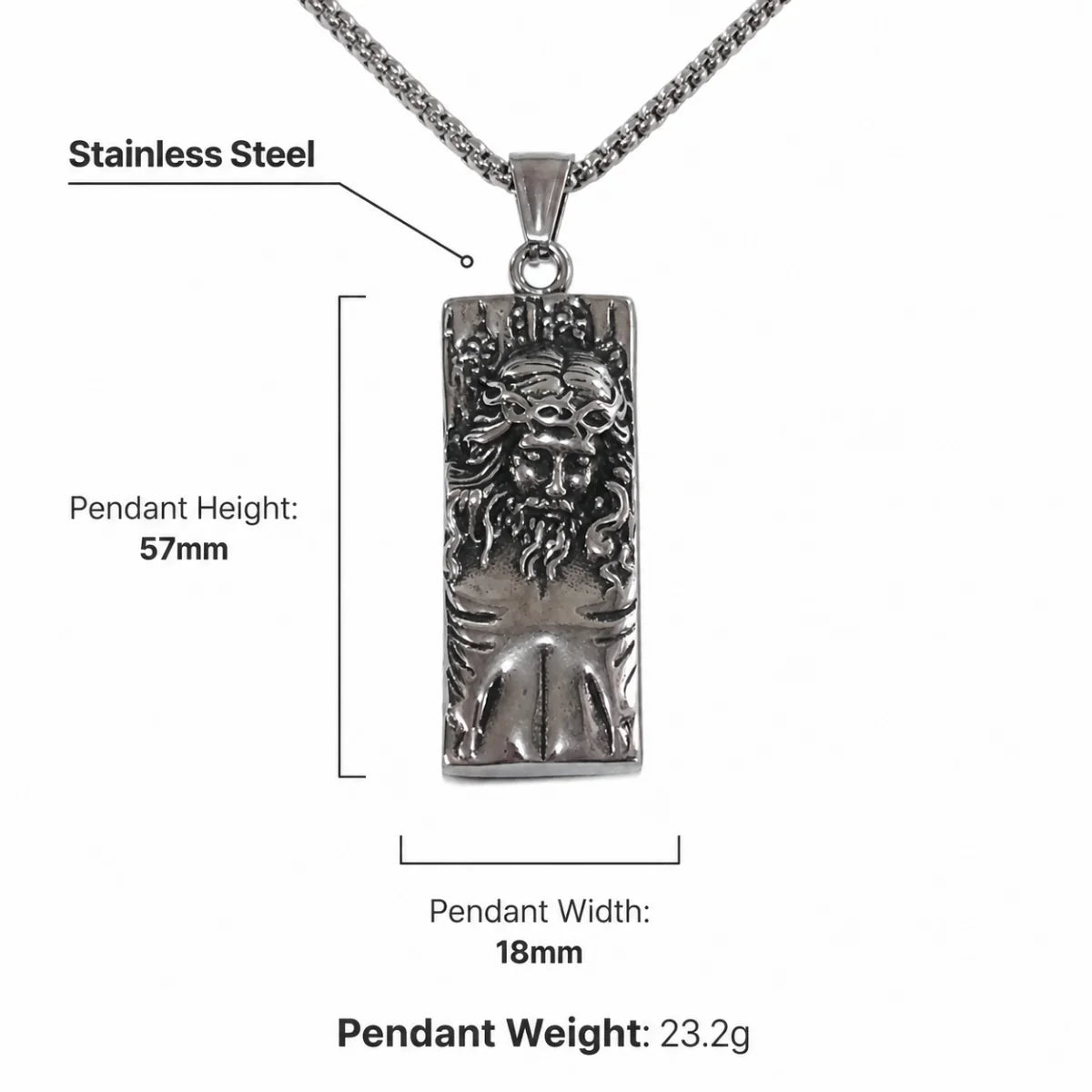 Rectangular Jesus Pendant with Crown of Thorns Silver Dimensions and Weight Infographic