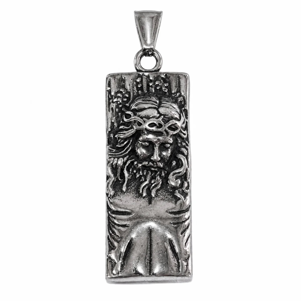 Rectangular Jesus Pendant with Crown of Thorns Silver Pendant Only Front View White Background