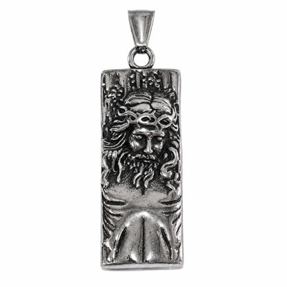 Rectangular Jesus Pendant with Crown of Thorns Silver Pendant Only Front View White Background