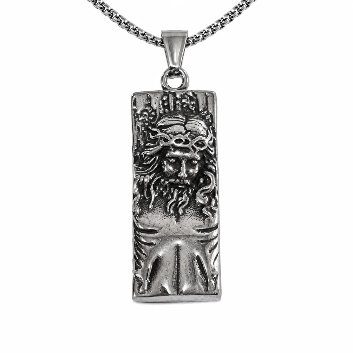 Rectangular Jesus Pendant with Crown of Thorns Silver Pendant with Chain Front View White Background