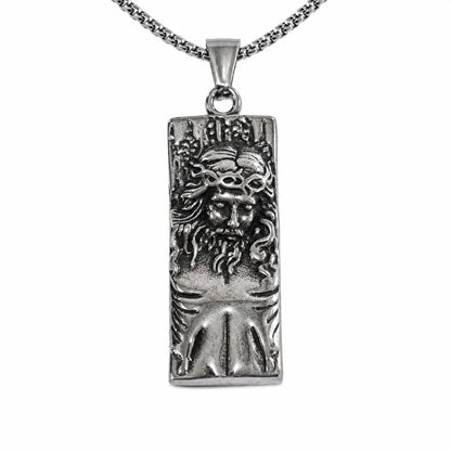 Rectangular Jesus Pendant with Crown of Thorns Silver Pendant with Chain Front View White Background