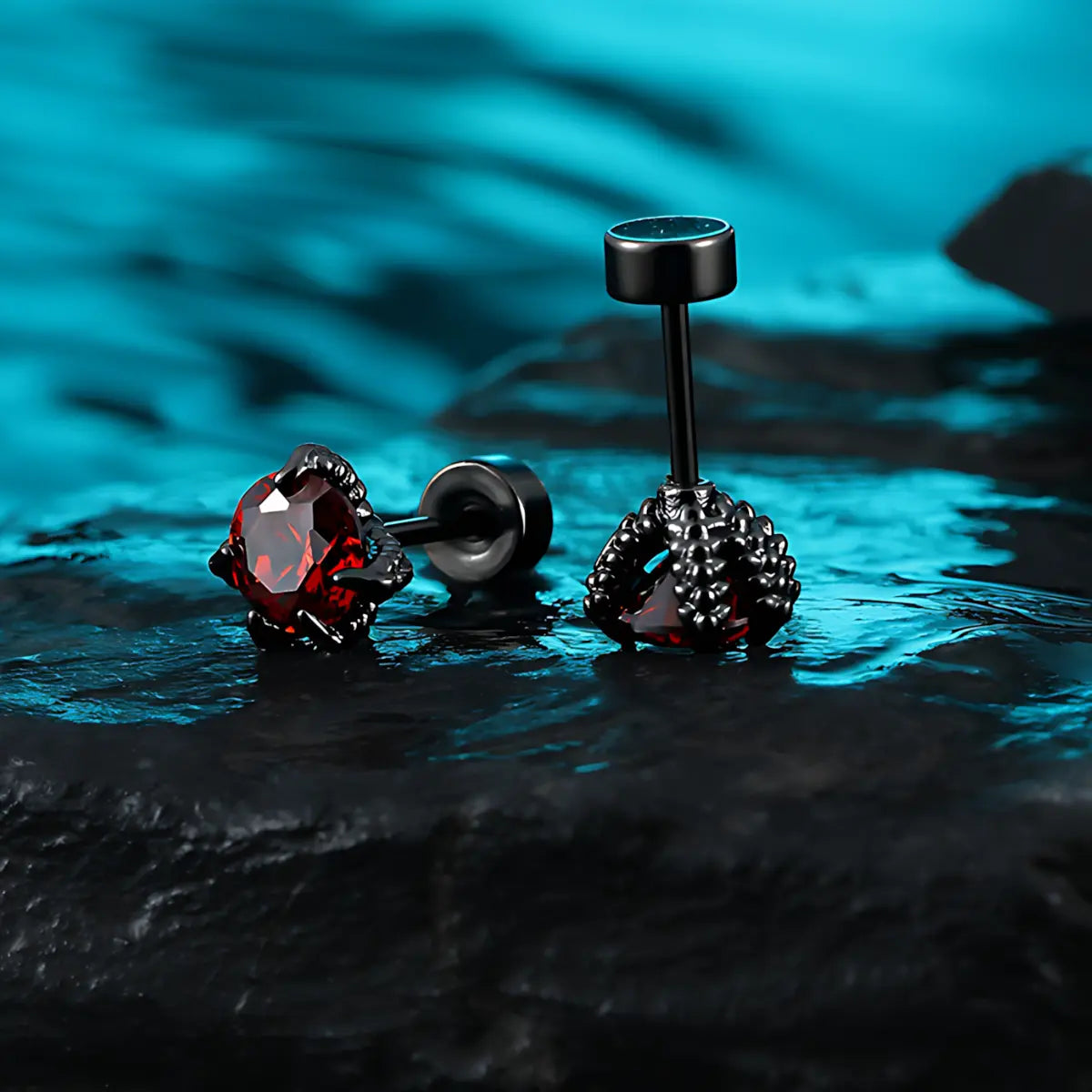 Red CZ Diamond Claw Stud Earrings Stainless Steel Back