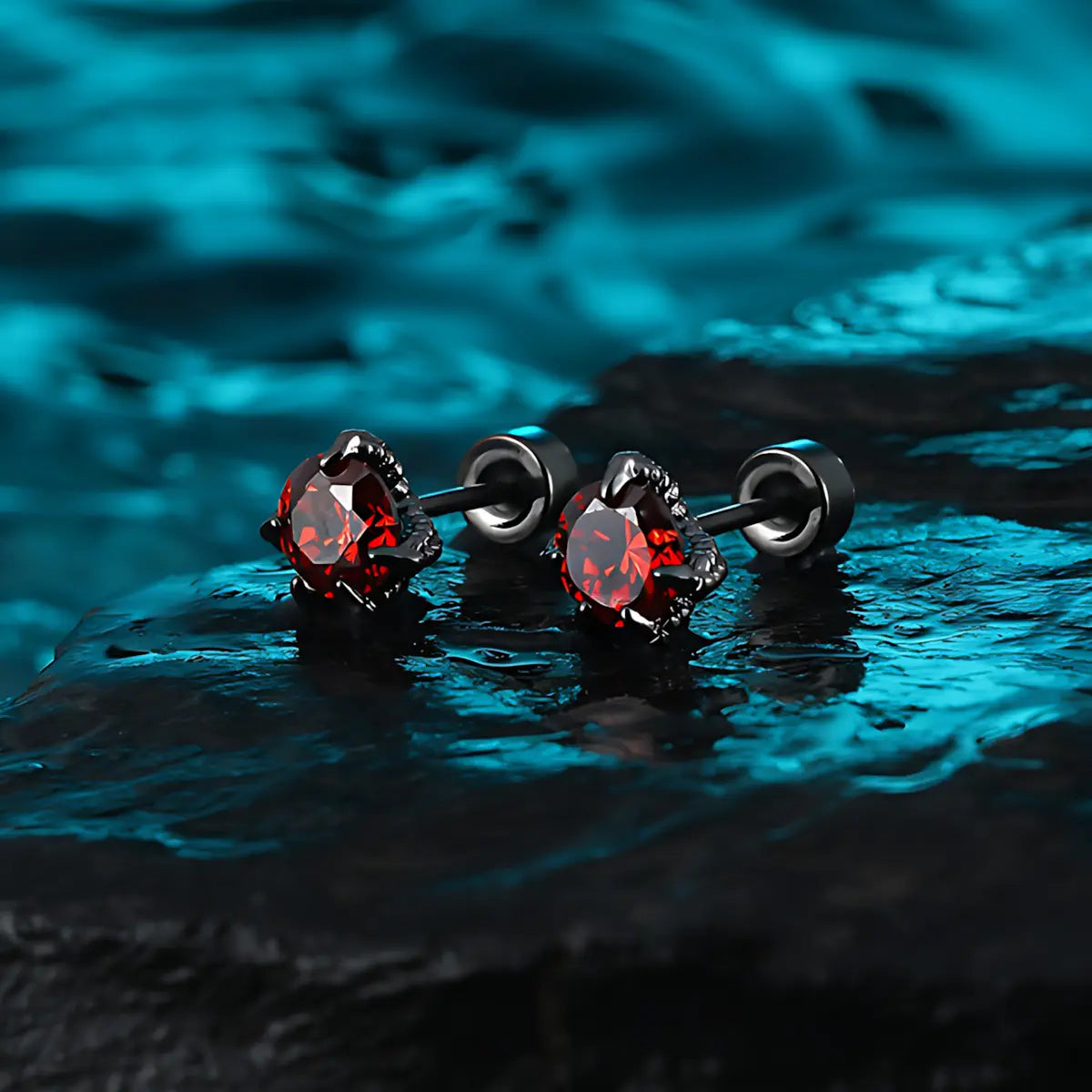 Red CZ Diamond Claw Stud Earrings Stainless Steel Front