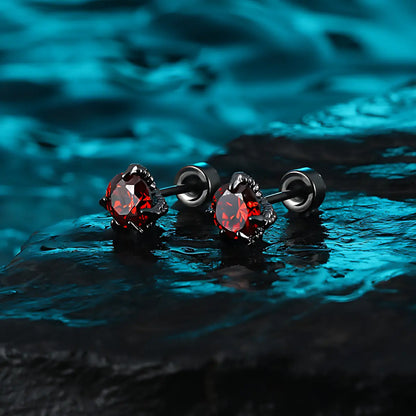 Red CZ Diamond Claw Stud Earrings Stainless Steel Front
