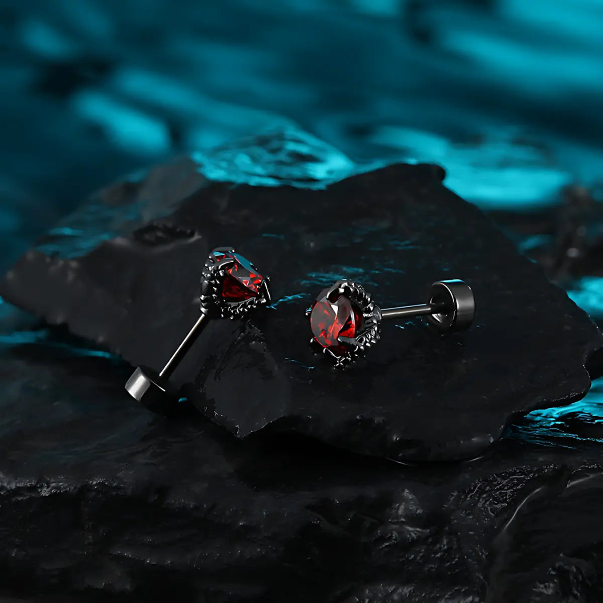 Red CZ Diamond Claw Stud Earrings Stainless Steel Side