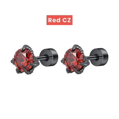 Red CZ Diamond Claw Stud Earrings Stainless Steel
