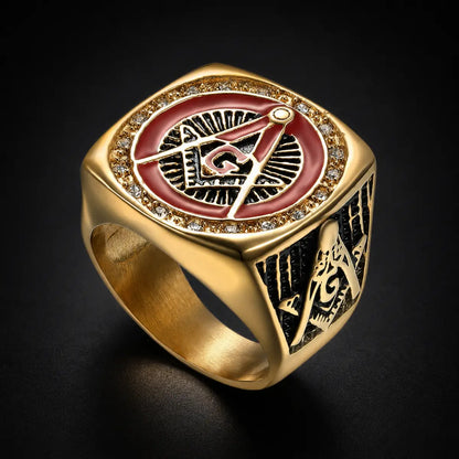 Red Enamel Masonic Ring Gold Close Up Black Background