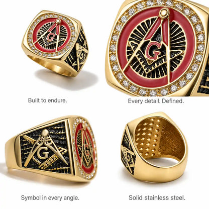 Red Enamel Masonic Ring Gold Details and Features Infographic