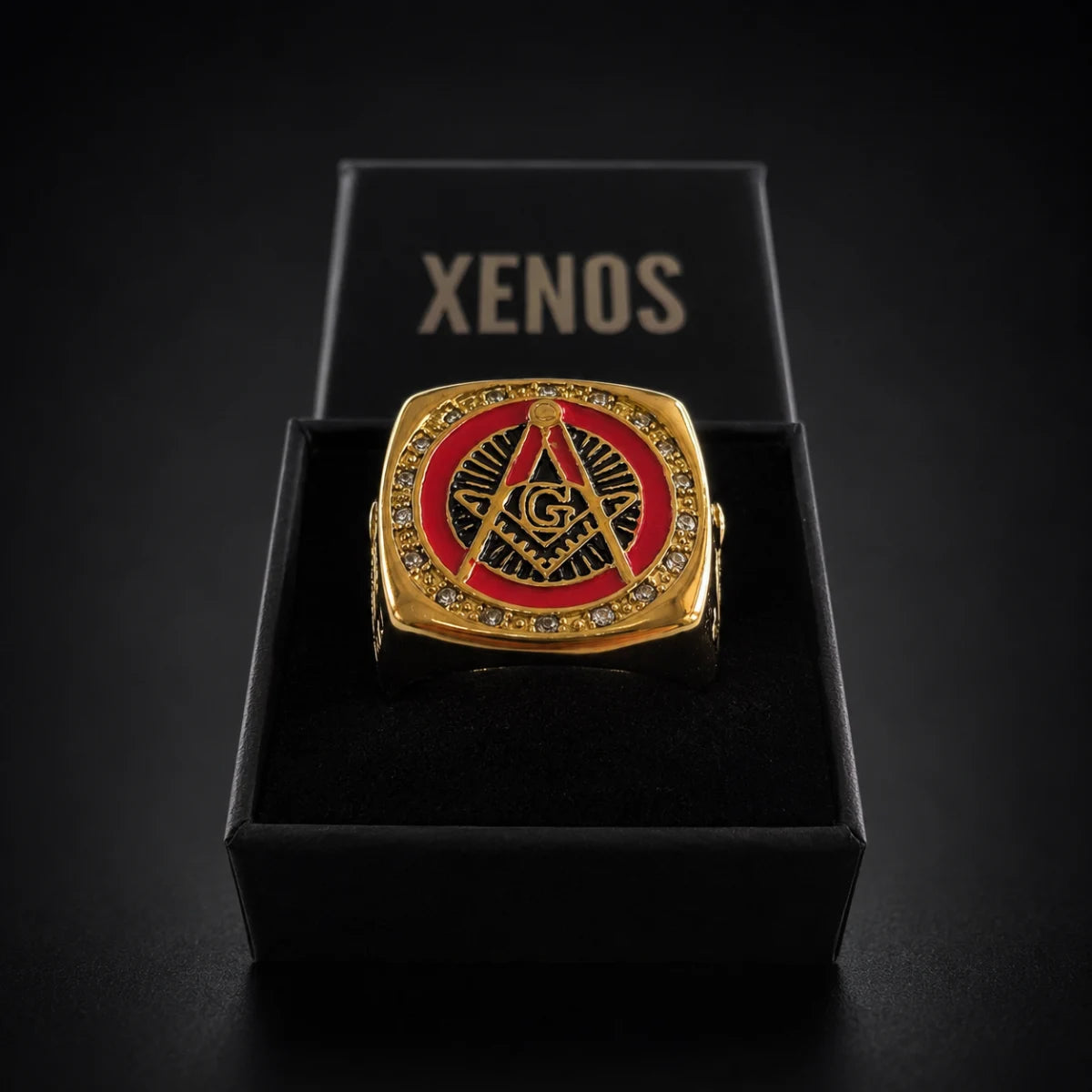 Red Enamel Masonic Ring Gold Displayed in Xenos Jewelry Box