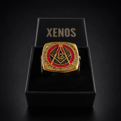 Red Enamel Masonic Ring Gold Displayed in Xenos Jewelry Box
